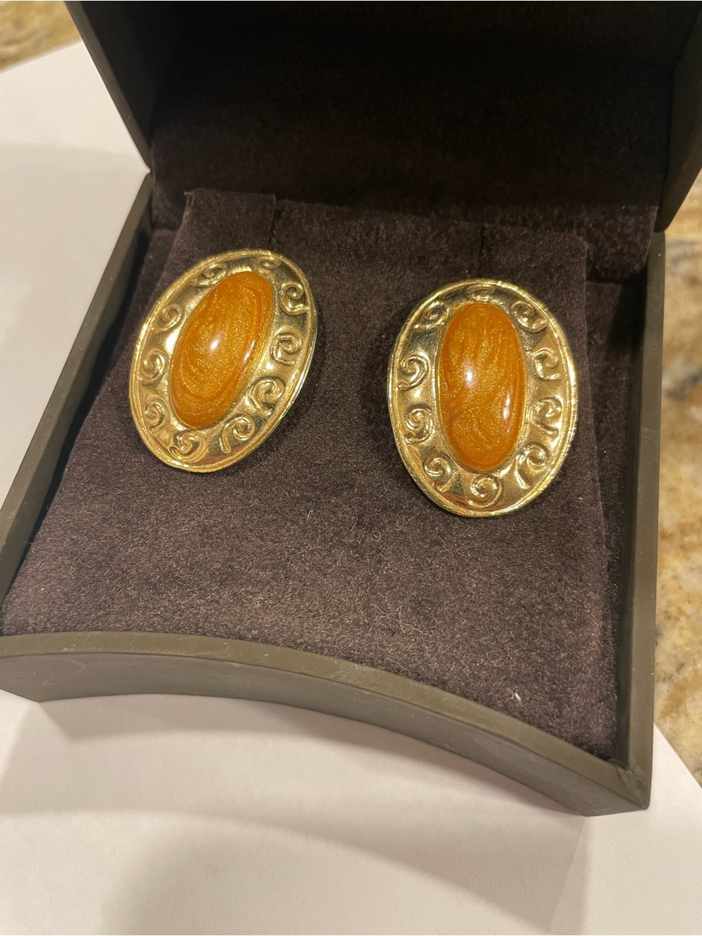 Gold-Tone Oval Amber Cabochon Women's Earrings